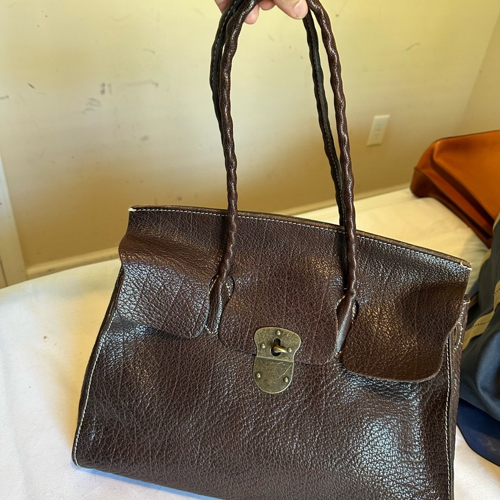 Brown Women’s Leather Handbag with Gold-Tone Lock